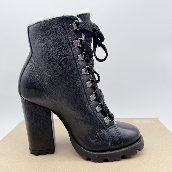 Schutz Zhara Combat Platform Heel Boots Black Leather Lace Up Shearling US 5.5 - Picture 10 of 13